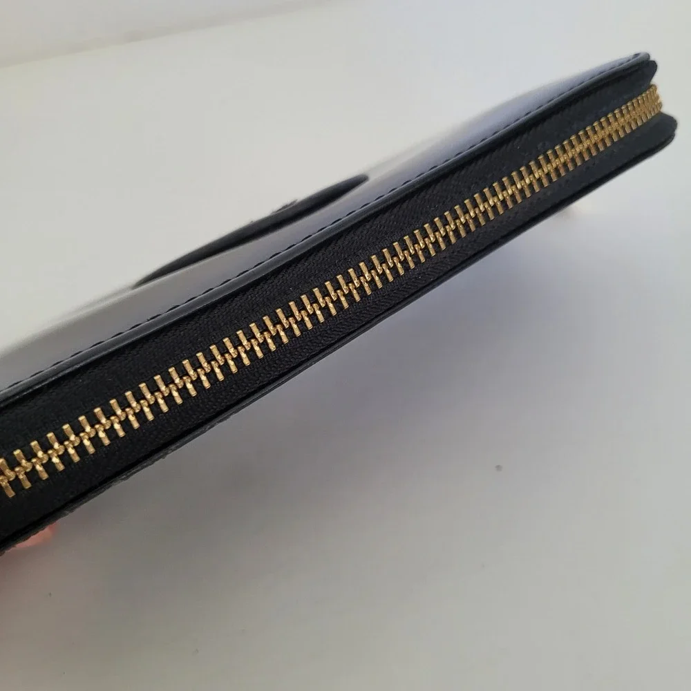 Tory Burch Black Patent Leather Zip Around Wallet Embossed Logo Gold Hardware